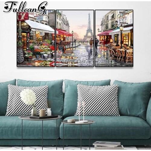 FULLCANG 5d diy diamond embroidery abstract landscape of paris street painting triptych full square round drill decor FC2766