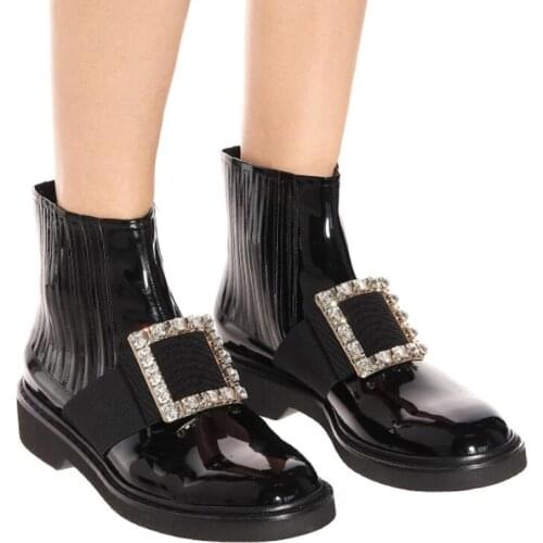 Black Patent Leather Ankle Boots For Women Crystal Platform Boots Women Winter Warm Plush Chelsea Boots Street Style Lady Shoes