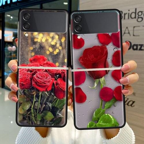 Black Hard Case For Samsung Galaxy Z Flip 3 5G Luxury PC Shockproof Phone Cover ZFlip 3 Bumper Fundas Red Rose Floral Coque Capa