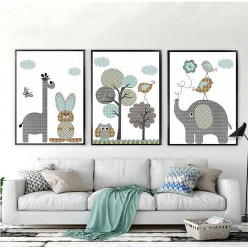 Cartoon Animal Flower Home Decor Nordic Canvas Painting Picture Elephant Giraffe Tree Kid Bedroom Wall Art