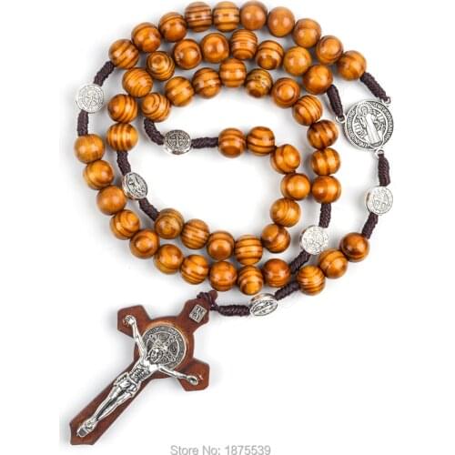 10 mm Wood St Benedict Rosary Alloy Father Beads Cord Rosary For Man