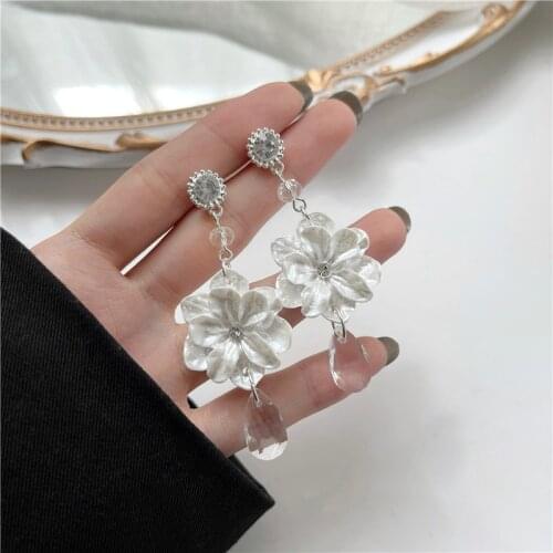 Yangliujia White Crystal Flower Long Tassel Earrings Retro Fashion Elegant Temperament Girl Earrings Women Wholesale Jewelry