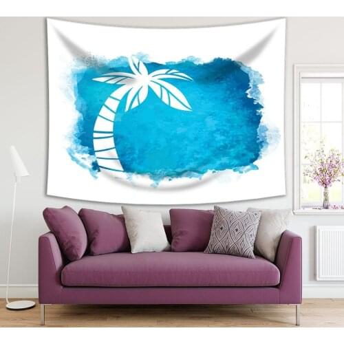 Tapestry Coconut Palm Tree and Ocean Tropical Summer Beach Holidays Watercolor Painting Artwork Blue White