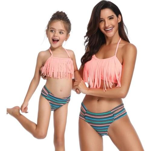 Parent-Child Swimwear Tassel Split Bikini Bohemia High Wasit Stripe Flower Printed Swimsuit 2piece Mother Daughter Clothing Set