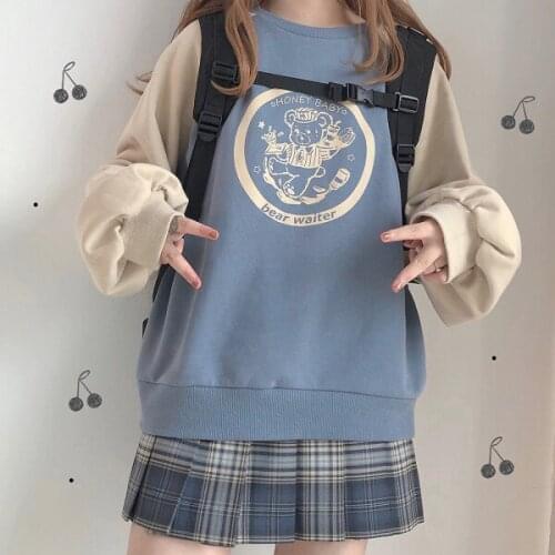 Bear Waiter Vintage Patchwork Sleeve Winter Womens Loose Sweatshirt Cute Long Sleeve Pullovers Hoodies