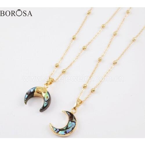BOROSA Fashion Moon Natural Abalone Shell Pendant Necklaces Gold Color Horn Shell Rosary Chain Statement Necklace Jewelry G1717