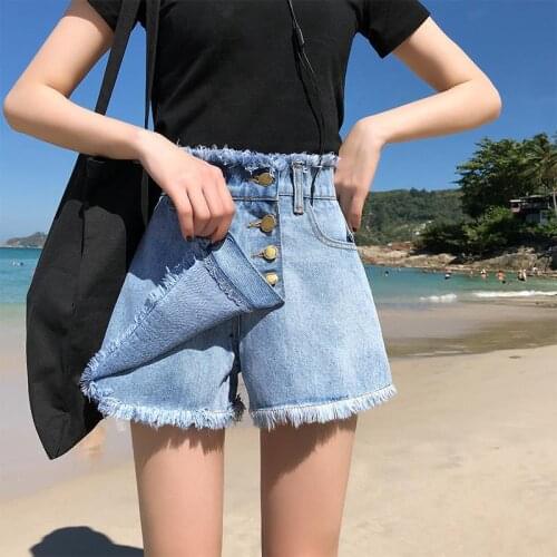Lucyever Fashion Tassel Women Denim Shorts Summer High Waist Blue Korean Jeans Causal Single Breasted Cotton Wide Leg Shorts