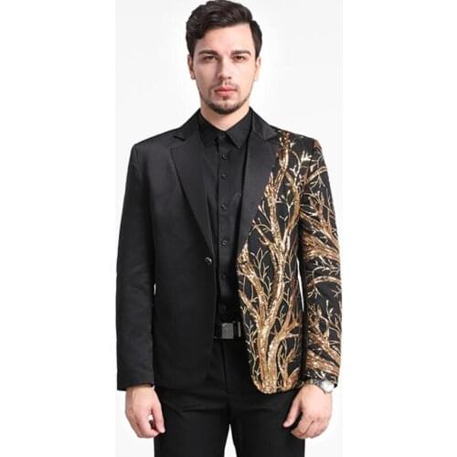 Mens Black Sequin Slim Blazer Hip Hop Stage Singers Prom Dress Suit Ceremonial Host Casual Suit