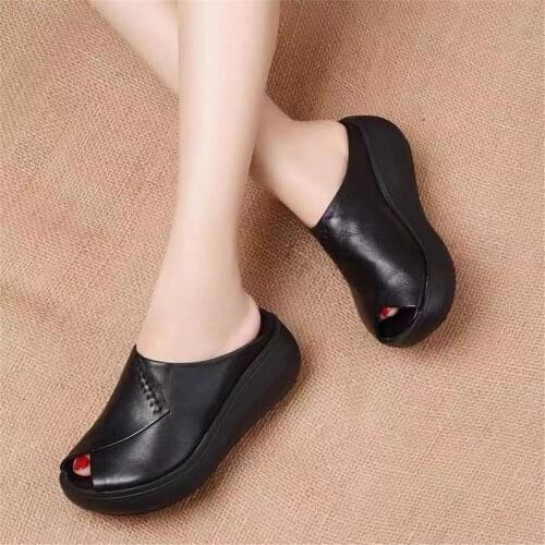 Summer Retro Slippers Women Ethnic Style Thick Soled Soft Leather Mules Fish Mouth Comfortable Wedges Anti Slip Platform Sandal