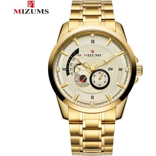 New Fashion MIZUMS 8034 Steel Band Mens Watch Waterproof Quartz Watches Luxury Business Mens Watch Calendar Wristwatches