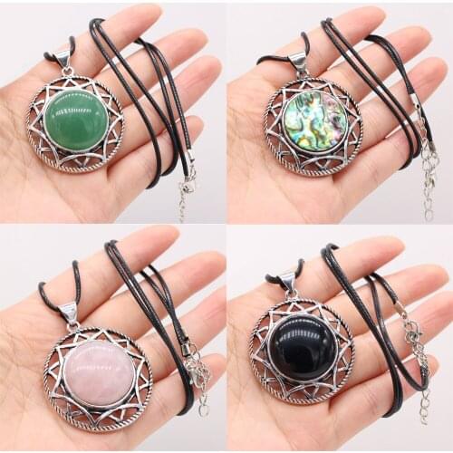 Wholesale Natural Stone Pendant Necklace Round Lapis lazuli Crystal Tiger Eyes Fashion Vintage Alloy Necklace Jewelry Gift