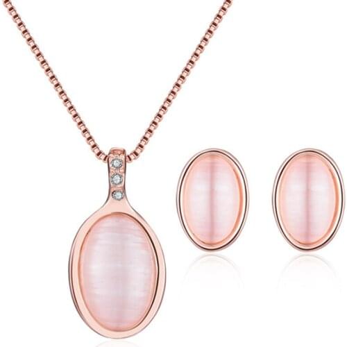 Rose Gold Color Alloy Oval Shape Cat Eye Stone Pendant Link Chain Necklace Earrings Simple Style Jewelry Sets