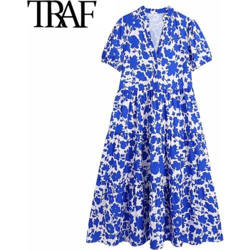 TRAF Women Fashion With Buttons Floral Print Midi Dress Vintage V Neck Short Sleeve Female Dresses Vestidos Mujer