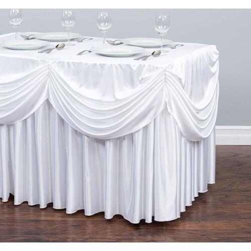 White luxury Table Skirt With Swag for Wedding Use Wedding Table Skirting with drape