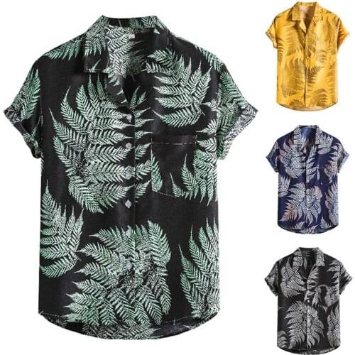 Short Sleeve Shirts Suit Collar Breathable Tops For Men Hawaiian Printed Linen Cotton Shirt Button Down Regular Fit Beach Shirt