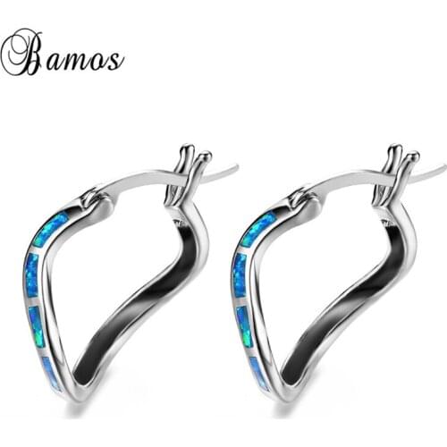 Bamo Boho Blue Fire Opal Hoop Earrings Geometric Statement Earrings For Women Silver Color Retro Jewelry Christmas Gift