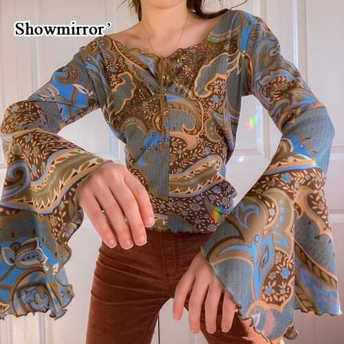 Showmirror Vintage Printed Shirt Y2K Flare Sleeve Woman Tshirts Lace Up V Neck Elegant Sexy Mesh Tops Aesthetic Autumn Tee