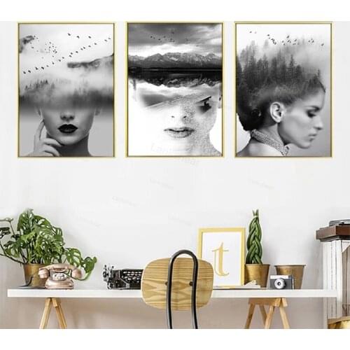 Modern Decorative Poster Black White Art Mysterious Girl Silhouette Landscape Painting Print On Canvas Home Room Decor No Frame