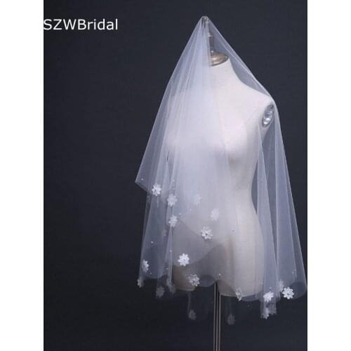 New Arrival One Layer Bridal Veil with Beaded Pearls lace Ivory Wedding veils Veu de noiva longo Wedding accessories