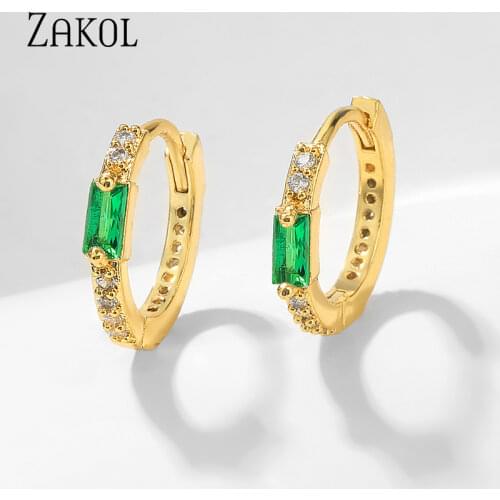 ZAKOL Fashion Green Baguette Cubic Zirconia Simple Round Circle Small Ear Stud Earring for Women Jewelry FSEP2571