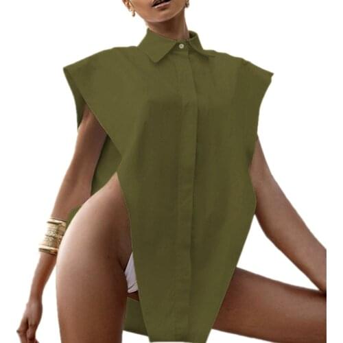 2021 Women Blouse Turn Down Collar Sleeveless Irregular Vest For Tank Elegant Tops For Clothes New Sexy Bat Shirt