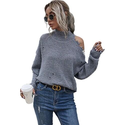 Women Winter Grey Oversized Turtleneck Pullover Sweaters Sexy Off Shoulder Long Sleeved Knit Sweater Tops