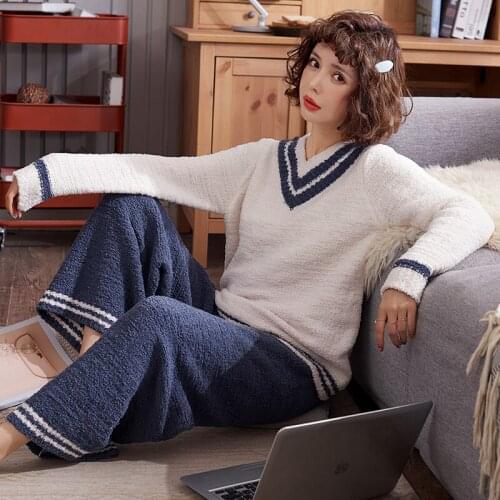 Womens Pajamas Autumn/winter Chenille Fashion V-colla Simple Casual Sports Wide-leg Pants Sleepwear Home Wear Warm Pajamas