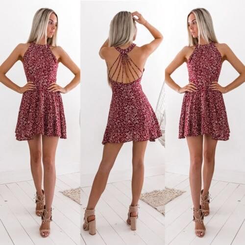 Womens Boho Beach Summer Holiday Tumblr Sundress Halter Floral Mini Dress Ladies Slim Sleeveless Vestido Playa 2021 New