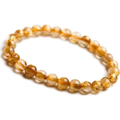7mm Genuine Natural Titanium Gold Rutilated Quartz Crystal Round Clear Beads Stretch Charm Bracelets For Women