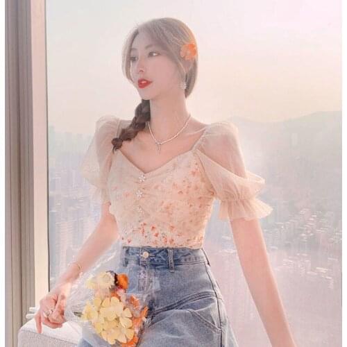 2021new Summer fashion Floral Top Women Print Short Sleeve Elegant Chic Korean Clothing Holiday French Retro Pretty Lace Tops