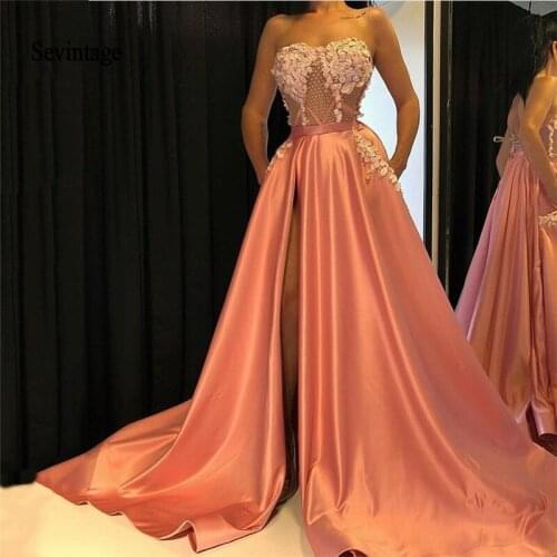 Sevintage Elegant High Split Lace Appliques Evening Dress Sleeveless Sweetheart Satin Sweep Train Prom Gowns Red Carpet Dress
