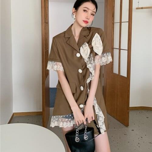 ZCSMLL Short-sleeved lace-side suit skirt womens 2021 summer new design niche bowknot a-line dress fashion tide