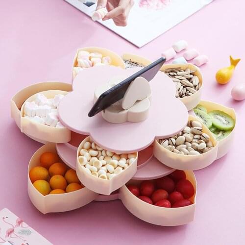 2-layer Rotating Petal-Shape Candy Box Snack Nut Box Food Storage Case Flower Plate Dried Fruit Organizer Storage with Holder
