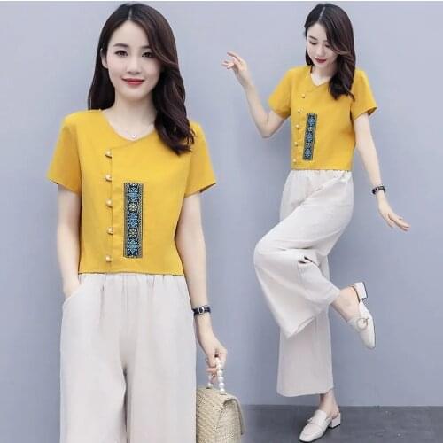 2021 Piece Set Pants Women Single/Suit Summer Casual Tops Ladies Retro Wide Leg Pants Outfit Fashionable Female Two-Piece 2PCS