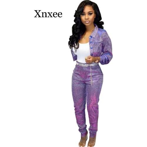 Sequin Glitter 2 Piece Set Womens Suit Single-breasted Jacket Top and Long Pants Sexy Club Outfits Matching Sets Ensemble Femme