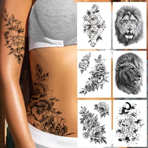 Big Peony Temporary Tattoo For Women Men Adult Girls Realistic Fake Lion Tattoos Sticker Black Moon DIY Geometric Tatoos Paste