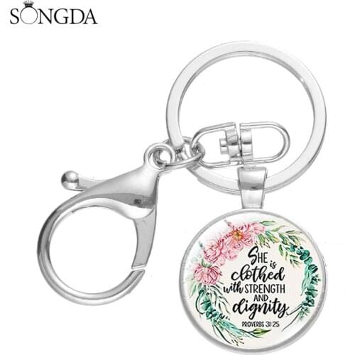 She is clothed with Strength and Dignity Keychain Proverbs 31:25 Bible Verse Christian Quote Lobster Buckle Key Ring Gift