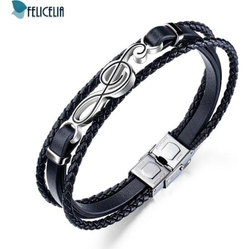 Felicelia Men Stainless Steel Music Note Charm Bracelet Multilayer Braided Rope Leather Bracelet Wristband Adjustable