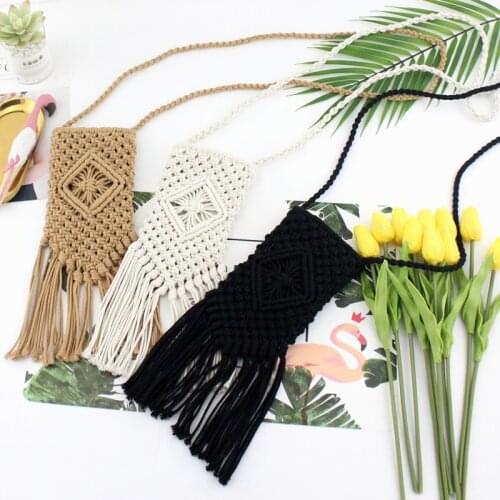 Handmade cotton tassel retro woven bag Mori girl slung small mobile phone bag casual handbags straw bag