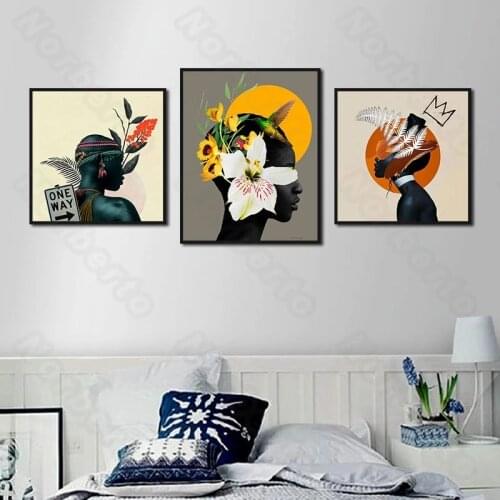 European Style Canvas Painting Wall Poster African Black Women Elegant Headdress Flower Leaves and Feather for Home Room Decorat