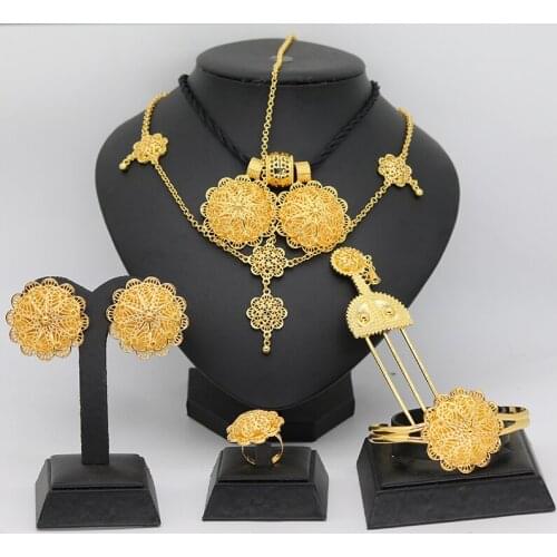 6pc 24k Gold Ethiopian jewelry sets for Women Dubai Habesha Jewelry with Hairpin Head chain African bridal wedding Gift collares