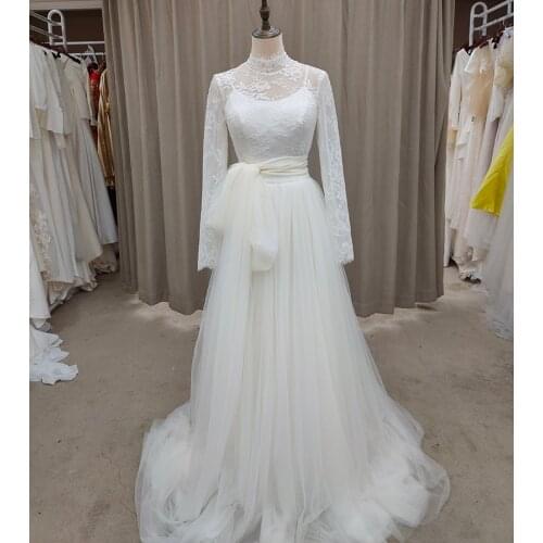 High Neck Lace Tulle Wedding Dress Long Sleeves Keyhole Back A Line Bridesmaid Evening Photoshoot Bridal Gown Real Photo #3147