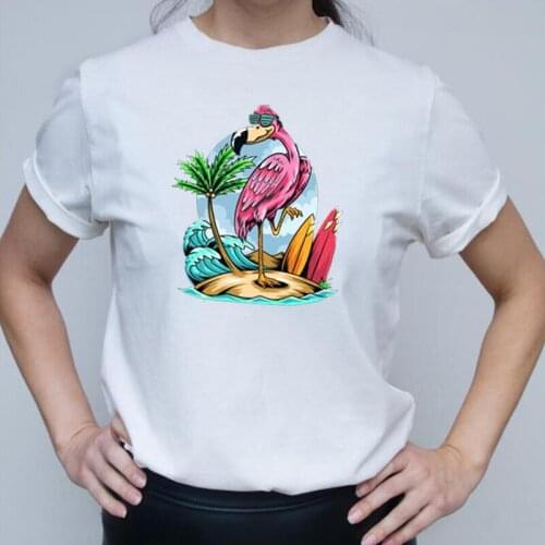 Summer Short Sleeve Tee Shirt Femme Fashion Flamingos on The Beach Print T Shirt Women Tops Casual Harajuku Shirt Camiseta Mujer