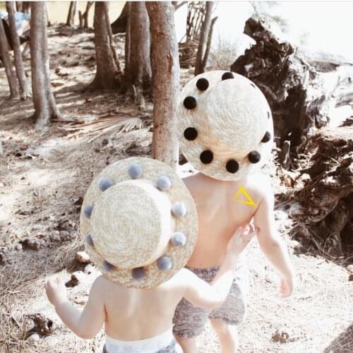 Ins fashion Children Kids Show Straw Hats Dance Props Pompom summer vacation beach Party Hat 3-8 years