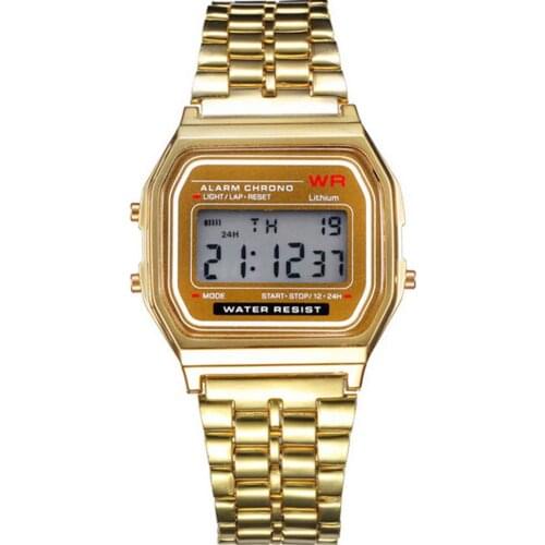 Fashionable Ultra Slim Vintage Stainless Steel Digital Display Alarm Stop Watch Wrist Watch Electronic Watch with a Square LED D