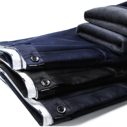 2021 Winter New Mens Warm Thick Casual Pants Business Fashion Black Blue Stretch Fleece Office Slim Trousers Male Brand