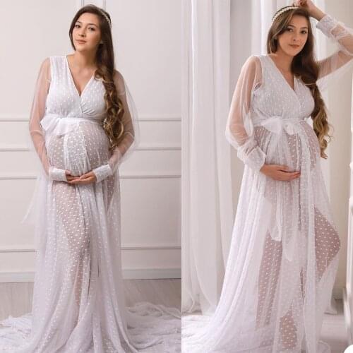 Maternity Sleepwear Long Sleeves Lace Applique Ladies Dress Belts Sheer Floor Length Customize Party Gown