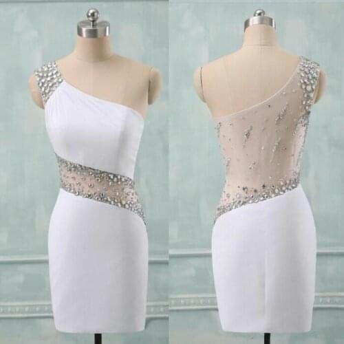Sexy Short One Shoulder Stretchy White Homecoming Dresses See Through Back Knee Length Graduation Dresses for Juniors