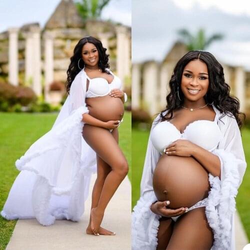 Maternity Women Sexy Shawls Dress White Robes for Photo Shoot or Baby Shower Ruffle Tulle High Split Women Dress Photography