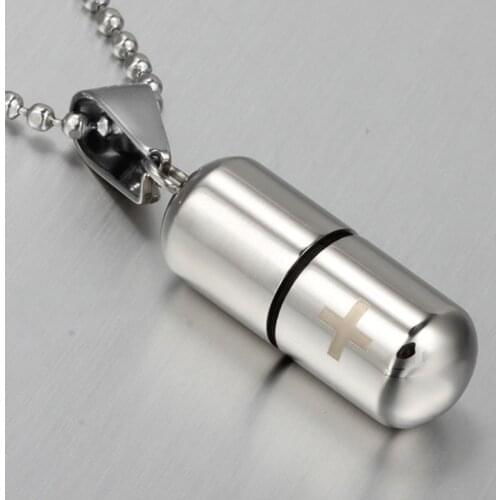 Hollow Pill Necklace For Men Women,Cross Engraved,Cremation Urn Pendant,Perfume Holder,Ashes Vial Keepsake Memorial Jewelry